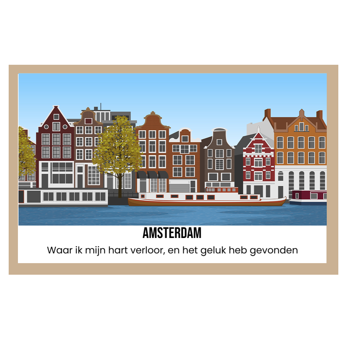 Kanaal in Amsterdam met grachtenpanden en een boot op het water.