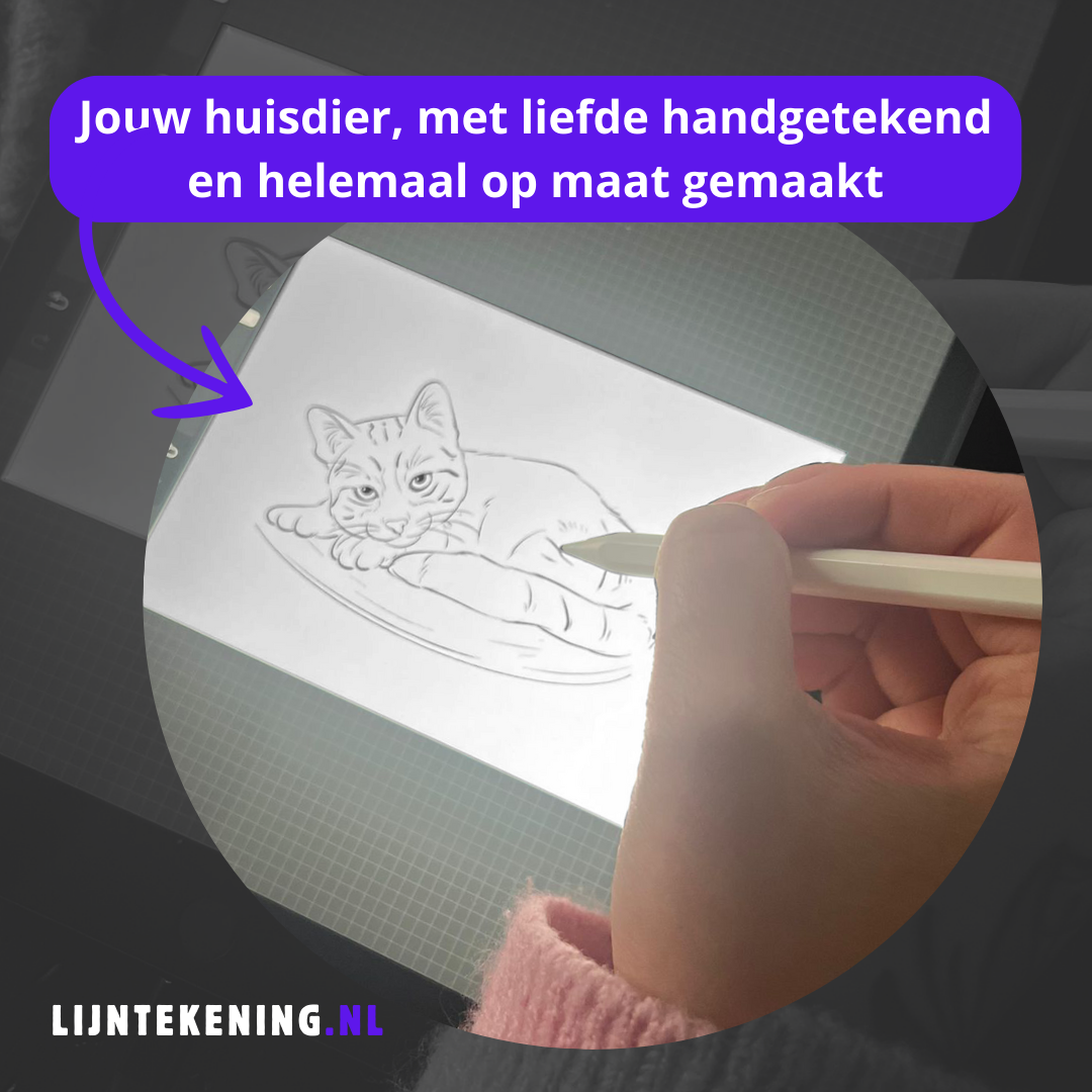 Hand tekenen van een kat op een tablet met een stylus, gepersonaliseerde schets in zwart-wit.