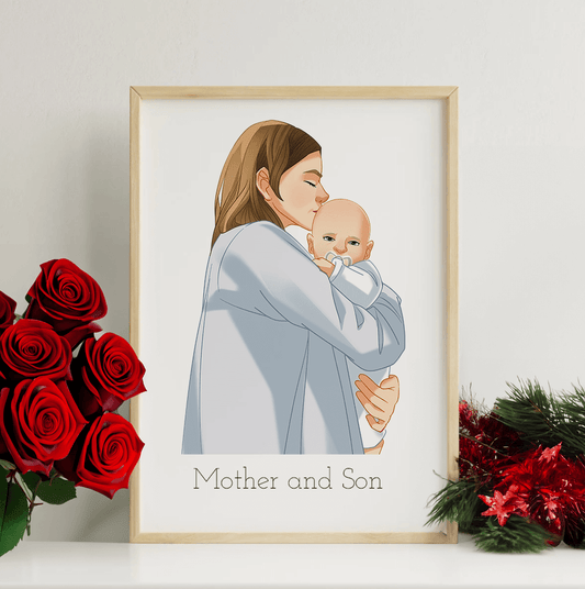 Afbeelding van een moeder die haar baby omhelst in een houten lijst naast rode rozen.