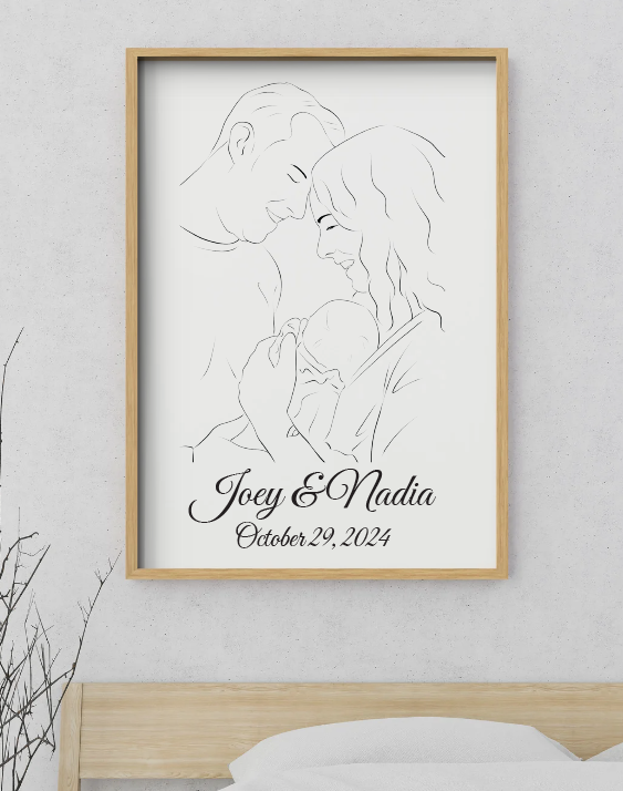 Lijntekening van stel en pasgeboren kind