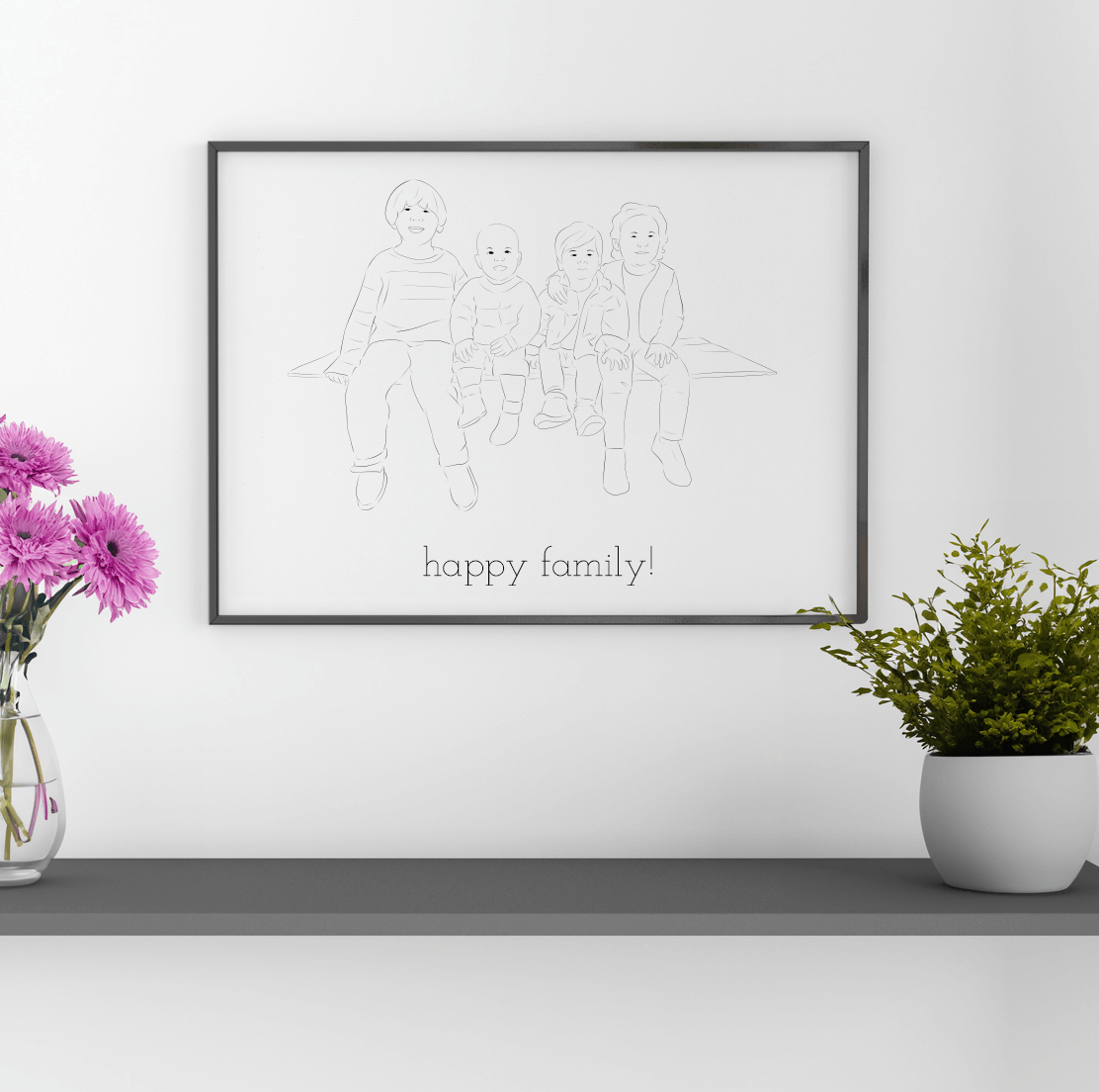 Lijntekening van gezin met baby in lijst