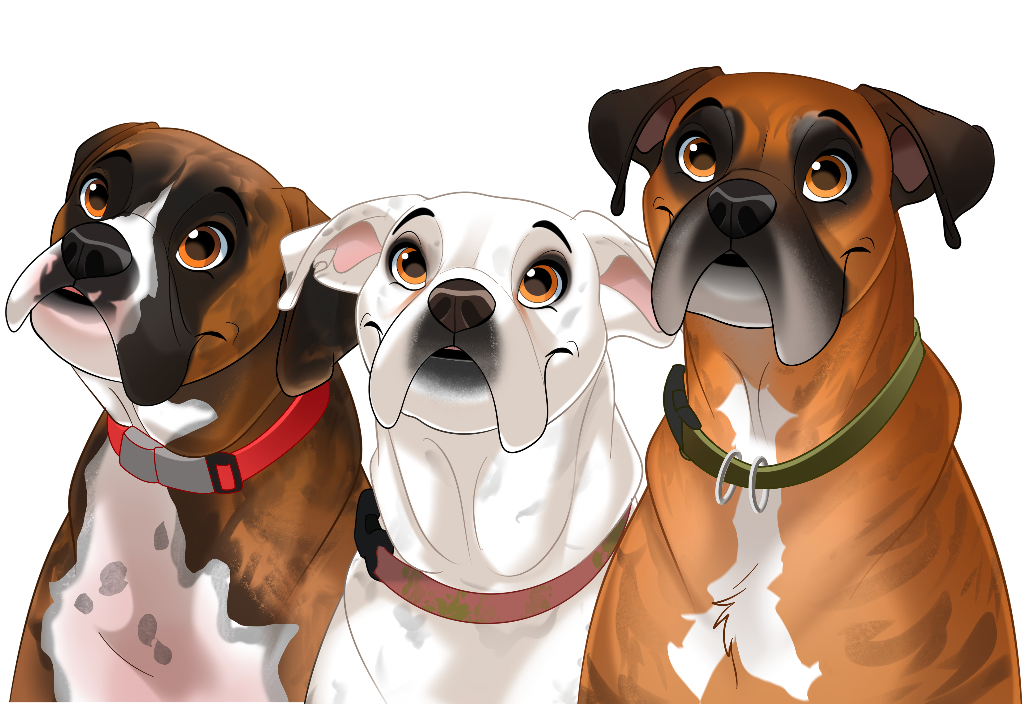 Drie honden naast elkaar als tekening.