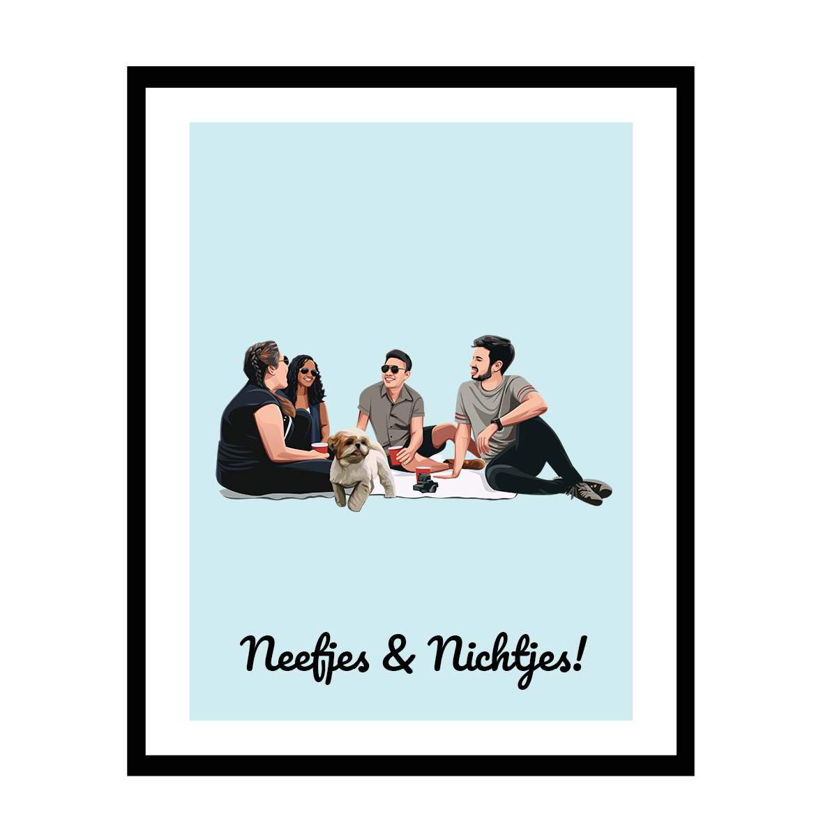 Vier mensen en een hond zitten buiten op een kleed, tekst "Neefjes & Nichtjes!".