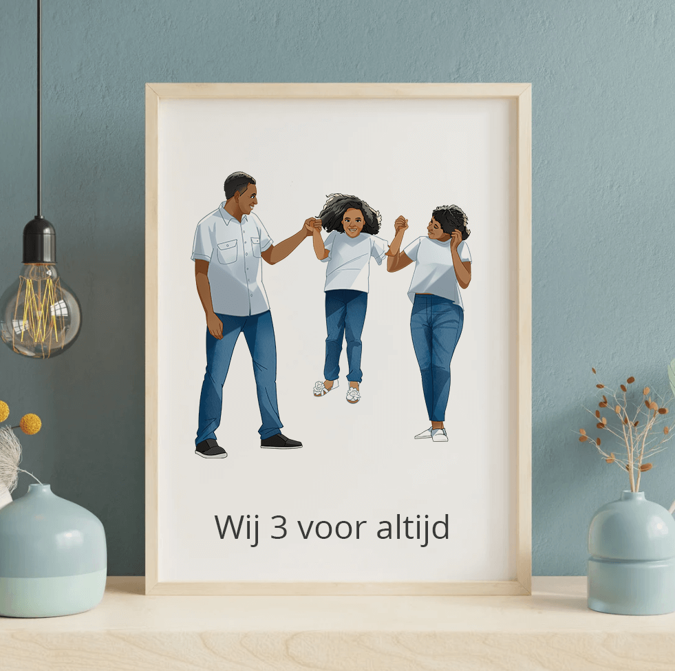 Illustratie van een familieportret in een lijst, vader, moeder en kind lachend en hand in hand.