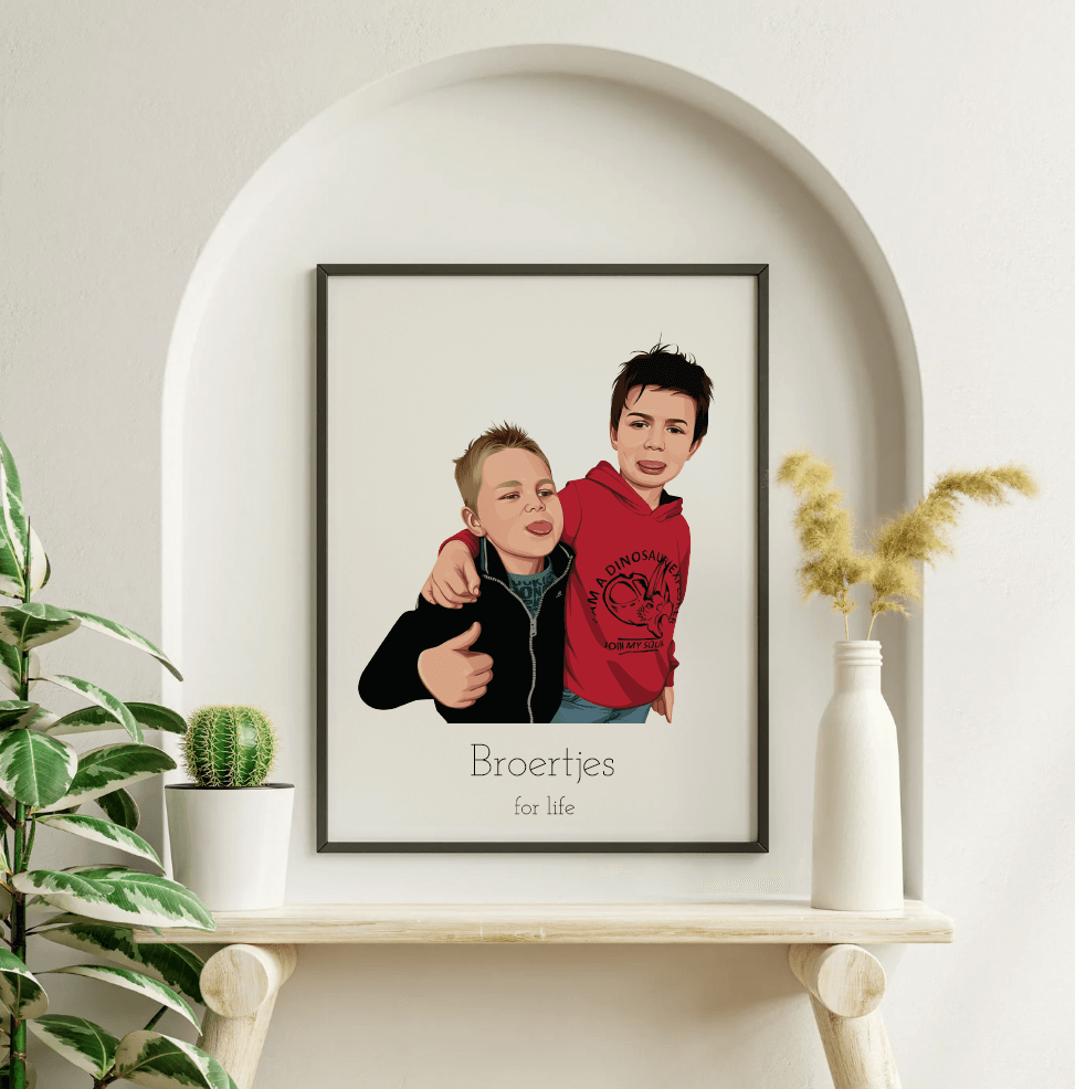 Illustratie van twee kinderen, een in een rode trui, andere in een donkere jas, met tekst "Broertjes for life" eronder.