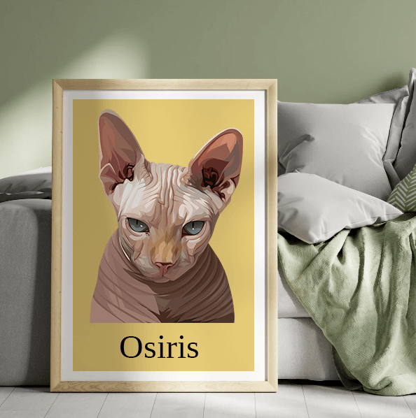 Illustratie van Sphynx kat in houten lijst tegen beige muur, gele achtergrond.