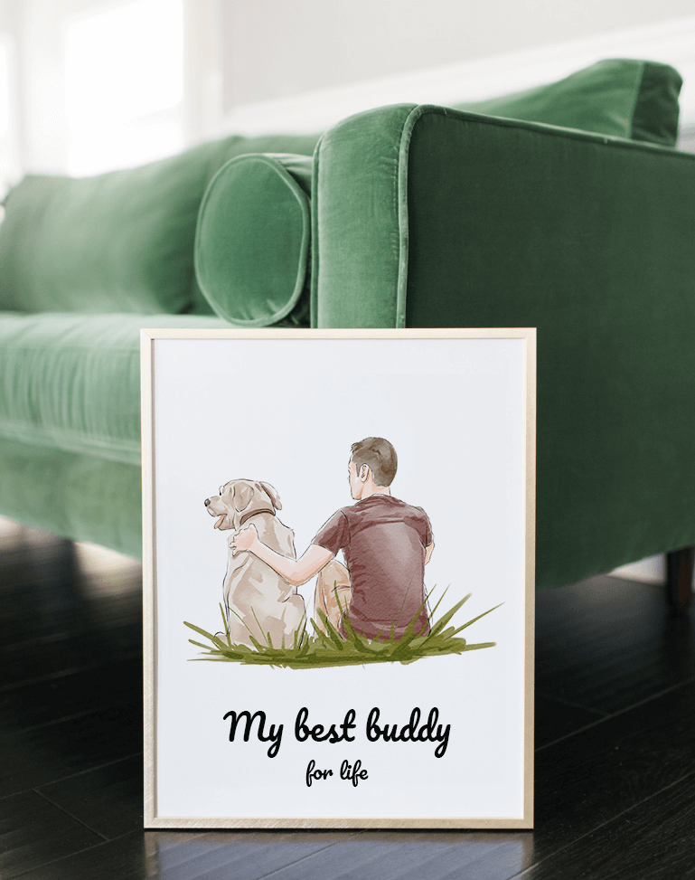 Schilderij van een jongen met hond op gras, tekst "My best buddy for life", naast een groene bank.