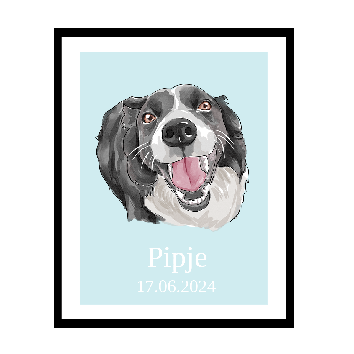 illustratie van een lachende hond met de tekst "Pipje 17.06.2024" op een lichtblauwe achtergrond