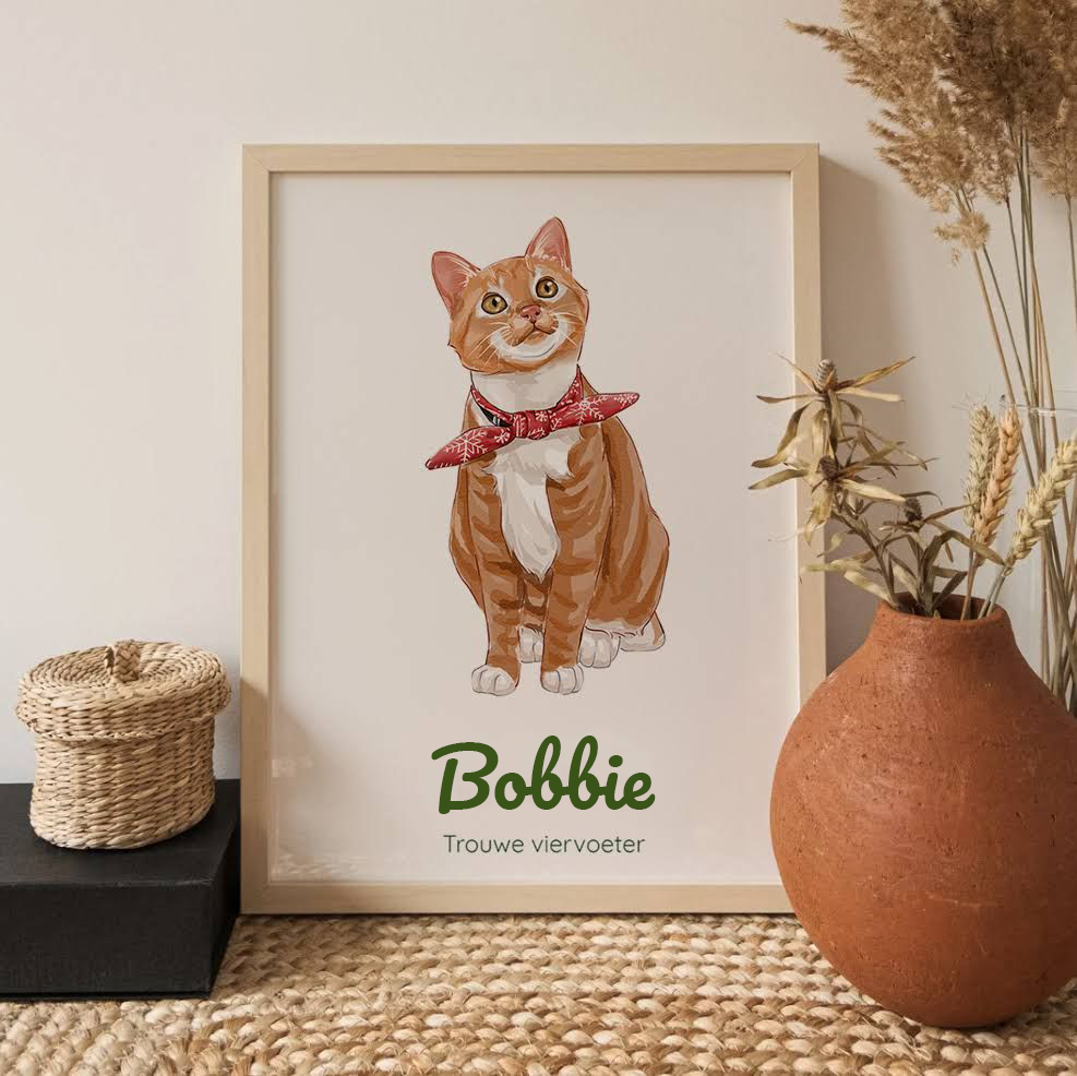 Illustratie van kat met rood sjaaltje in houten lijst, naast decoratieve vazen en mand.