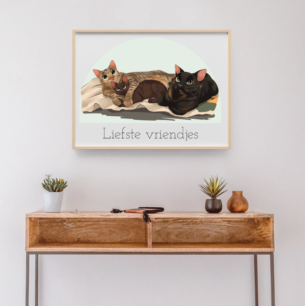 Illustratie van twee liggende katten met "Liefste vriendjes" tekst aan de muur boven houten tafel.