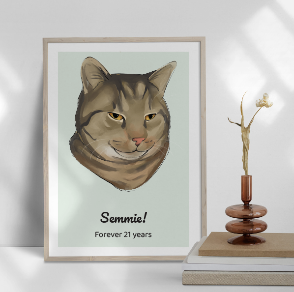 Afbeelding van een getekend kattenportret met de tekst "Semmie! Forever 21 years".
