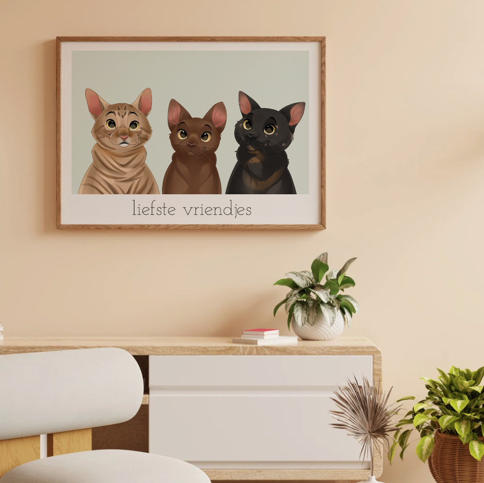 Schilderij met drie schattige katten in een moderne woonkamer op lichte muur.