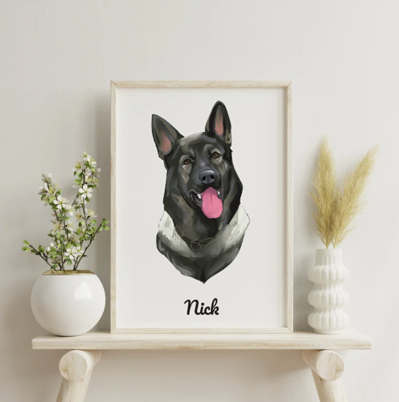 Portret van een zwarte hond met zijn tong uit, op een plank met bloemen en vaas.