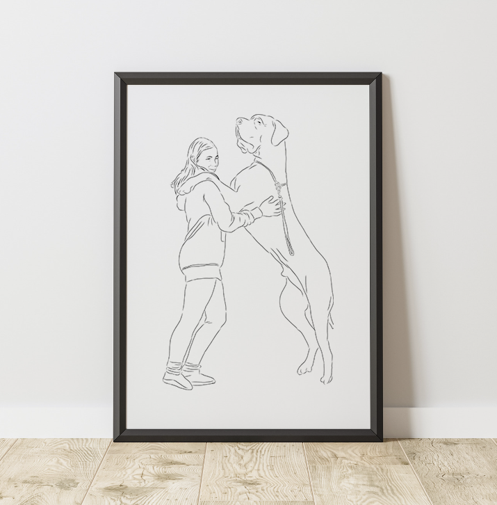 Vrouw omarmt grote hond schets op ingelijste poster, minimalistische kunst aan muur.