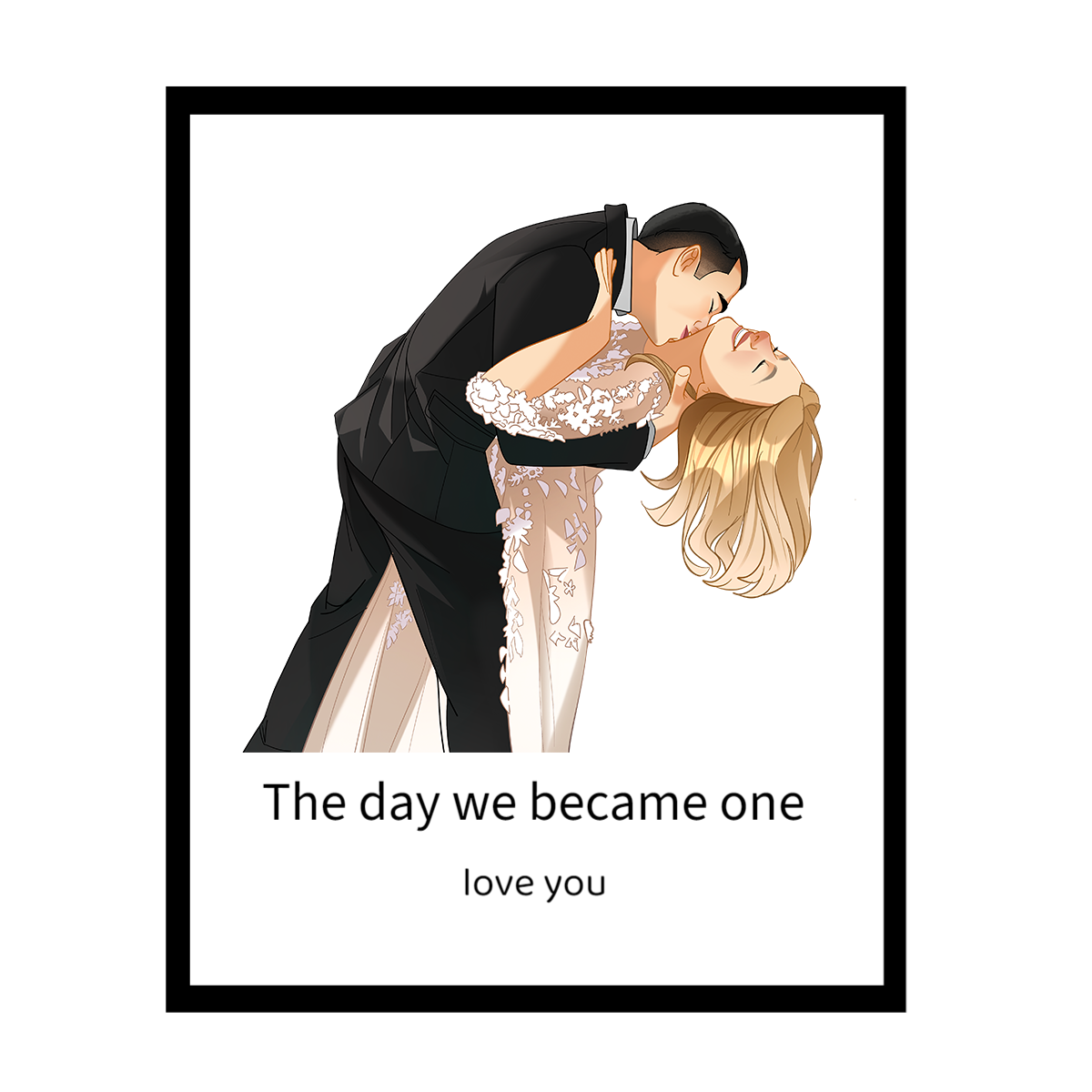 Romantisch kunstwerk van stel gekleed in trouwkleding tijdens dans.