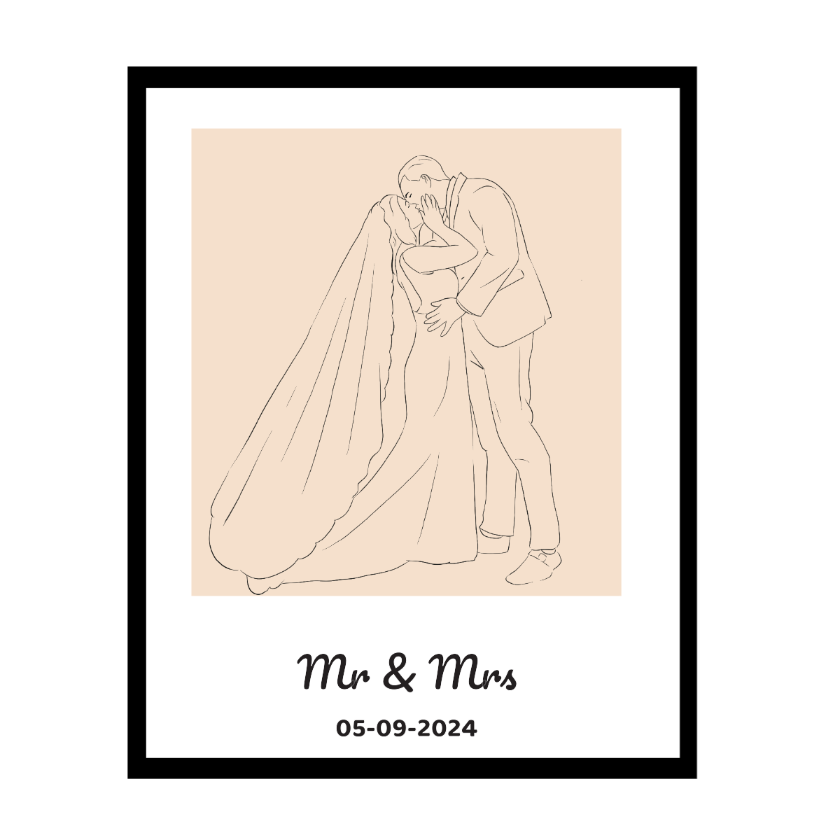 Illustratie van een bruid en bruidegom in omhelzing, met trouwdatum 05-09-2024.
