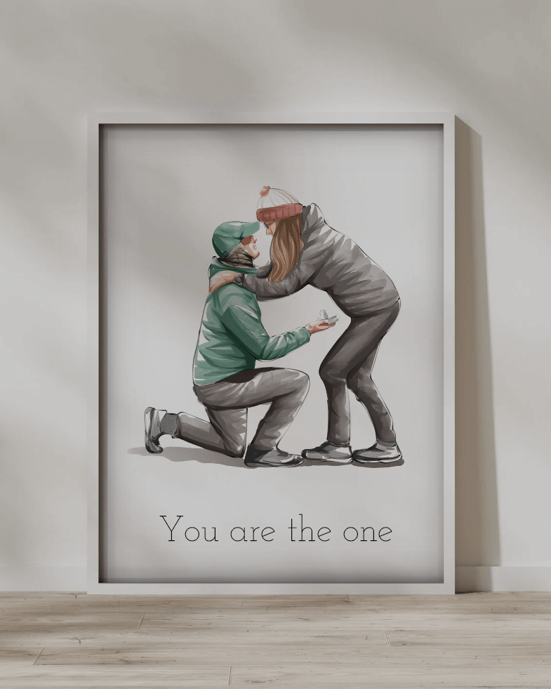 Twee mensen in winterkleding met tekst "You are the one" op een schilderij.