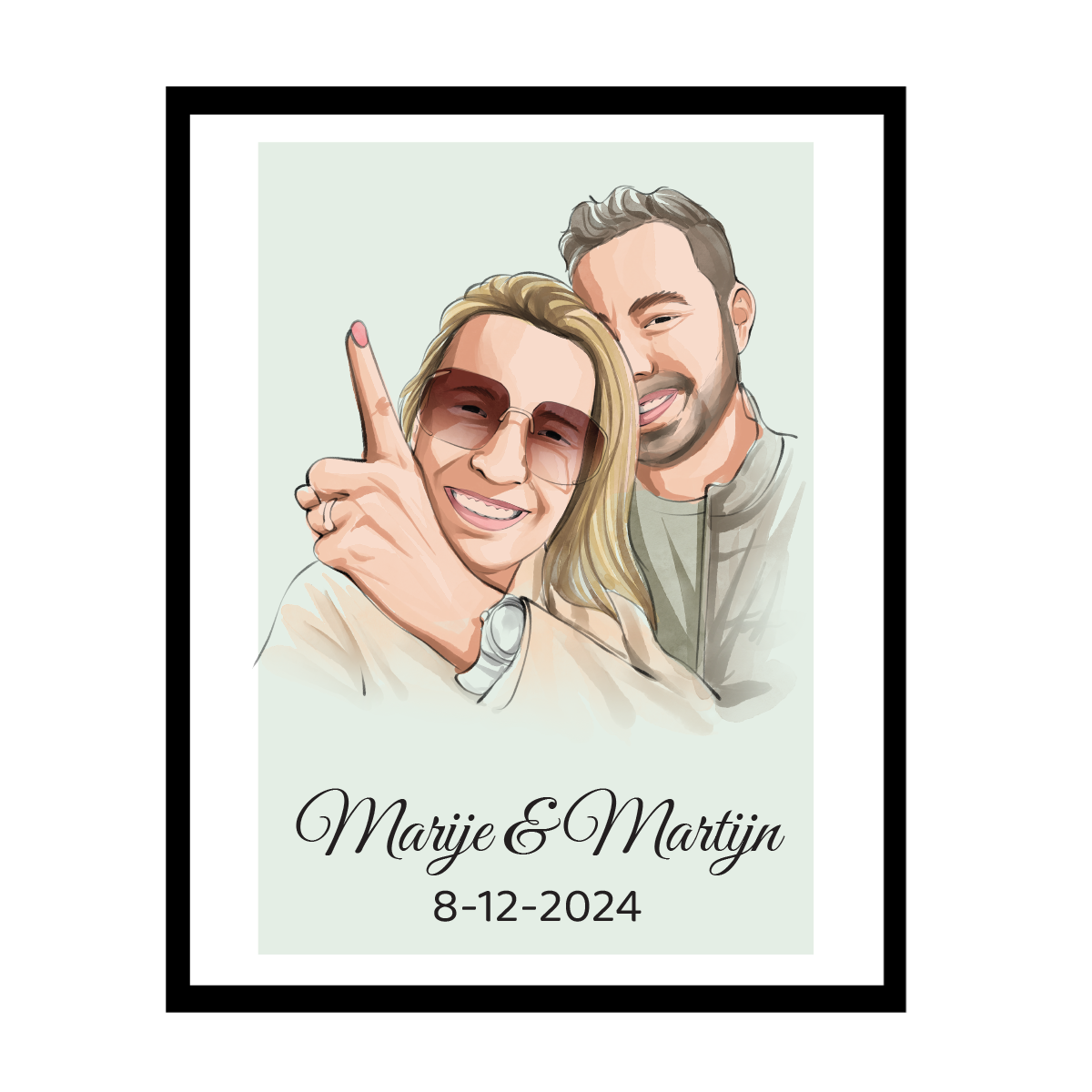 Portretillustratie van glimlachend stel met zonnebril, gepersonaliseerd met namen en trouwdatum.