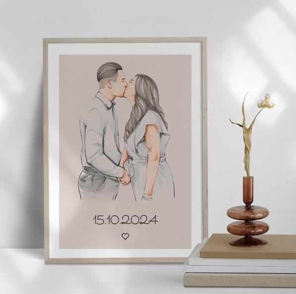 Stijlvolle illustratie van koppel in lijst met datum 15.10.2024, decoratie in moderne woonkamer.