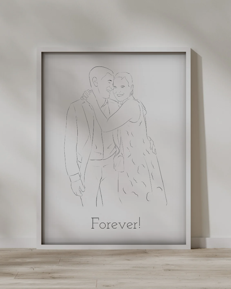 Minimalistische lijntekening van een paar in een lijst, met tekst "Forever!" op lichtgrijze achtergrond.