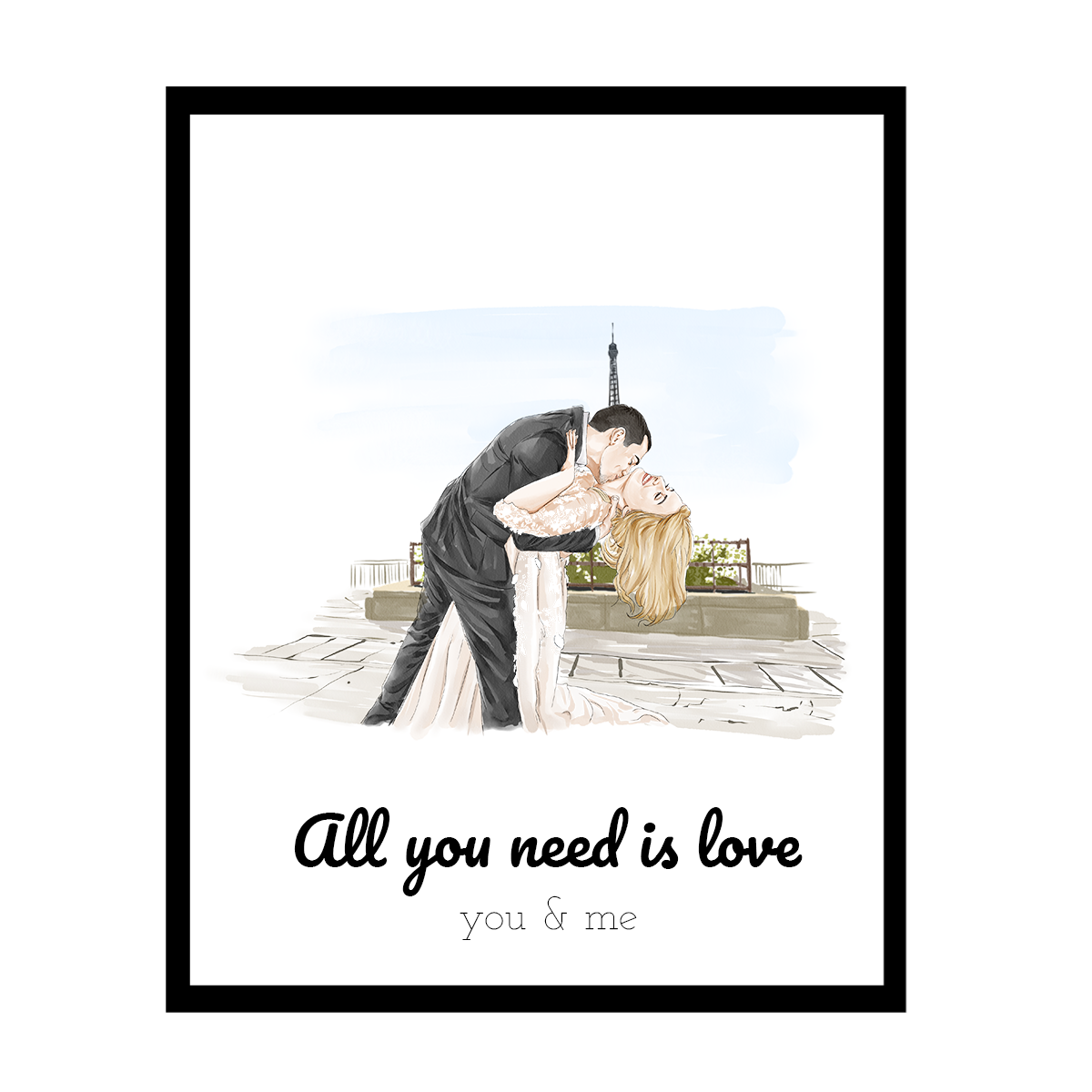 Illustratie van een stel in elegante avondkleding, dansend voor de Eiffeltoren.