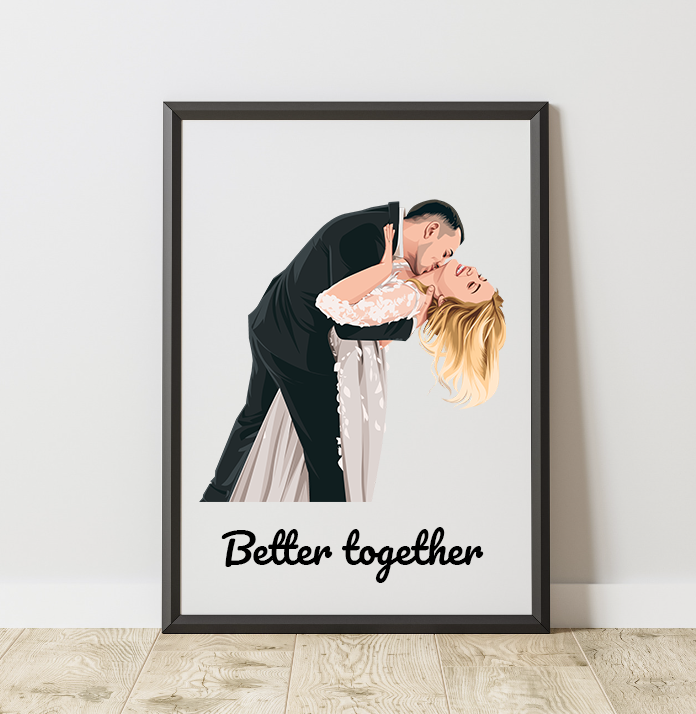 Lijst met illustratie van een koppel dat een danspose doet, tekst "Better together".