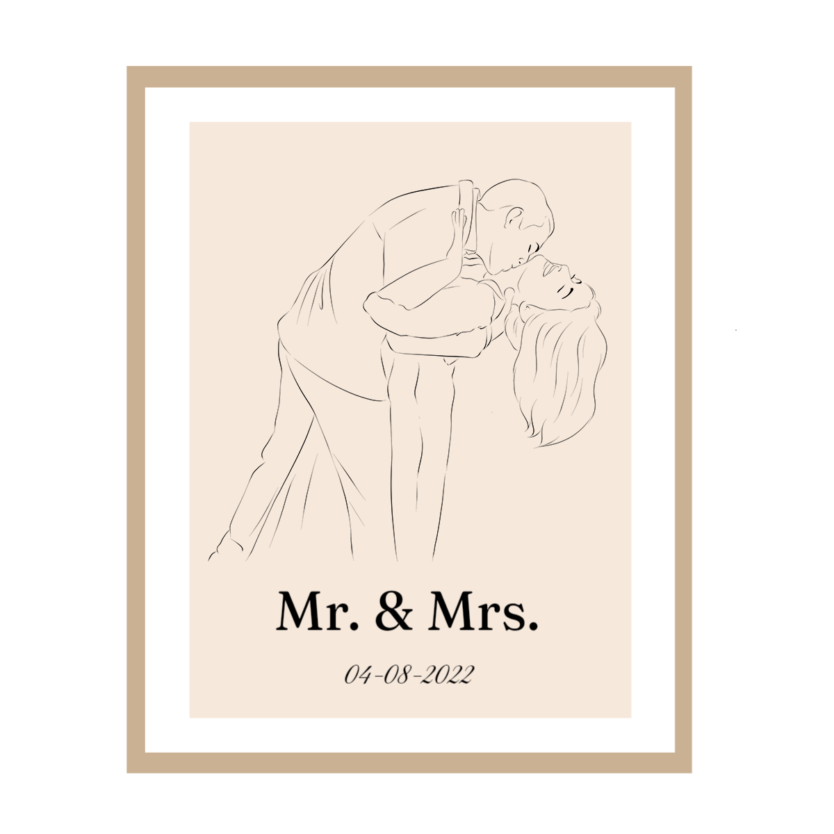 Romantische schets van kussend paar met datum, tekst Mr. & Mrs. in lijst.