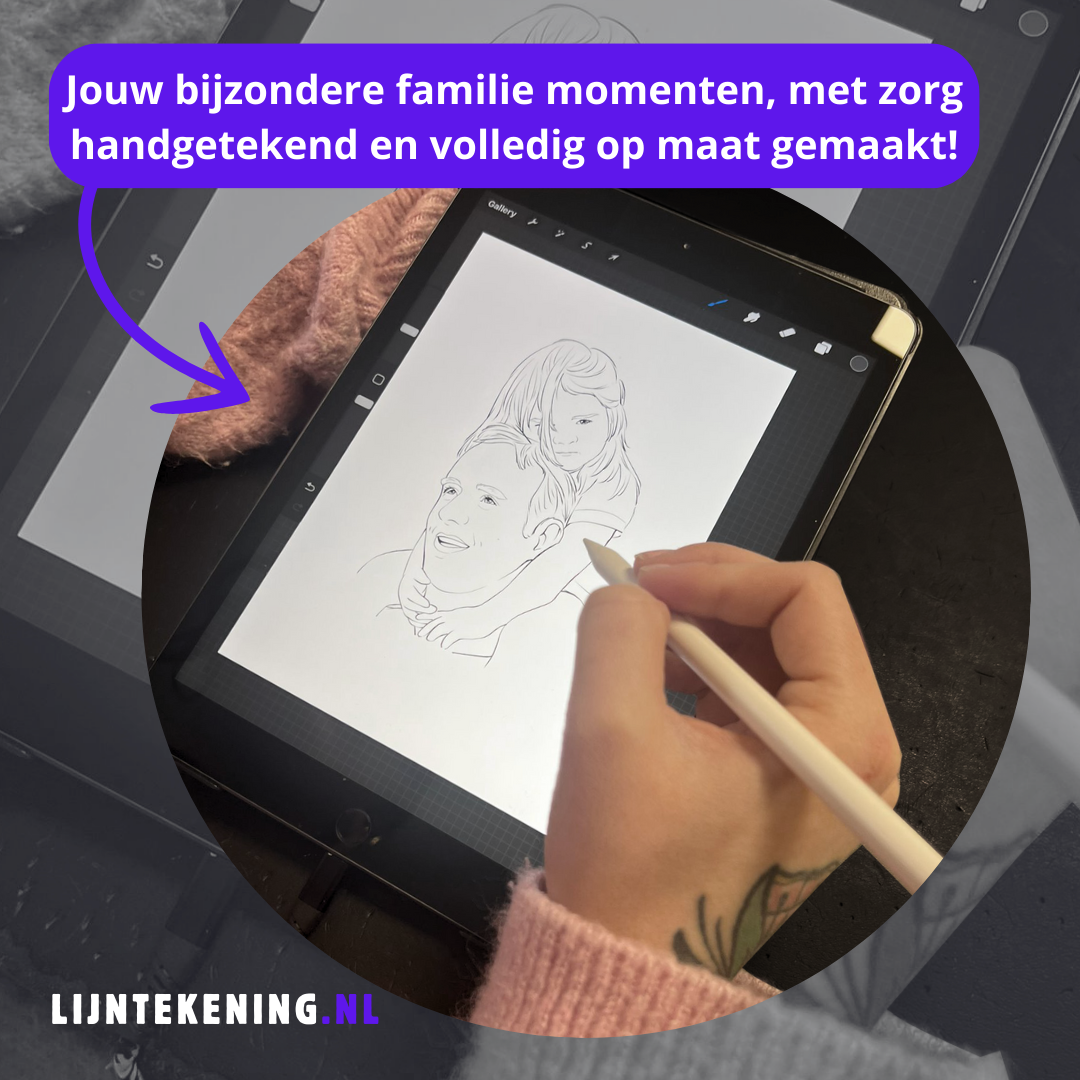 Hand schetst portret van vader met kind op tablet.