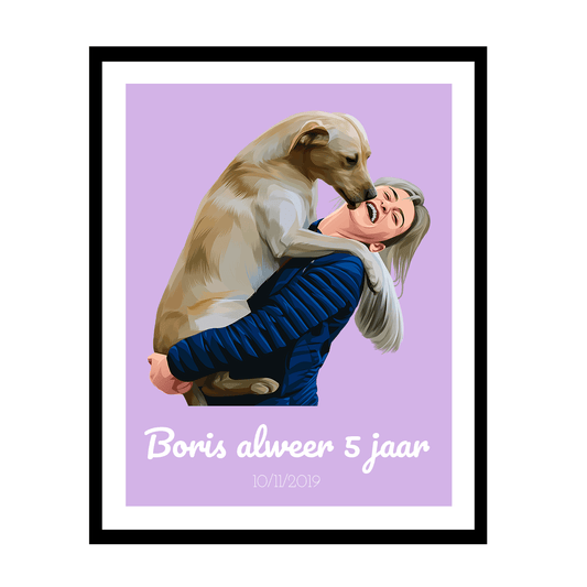 Vrouw knuffelt grote hond, beiden glimlachen, op paarse achtergrond.