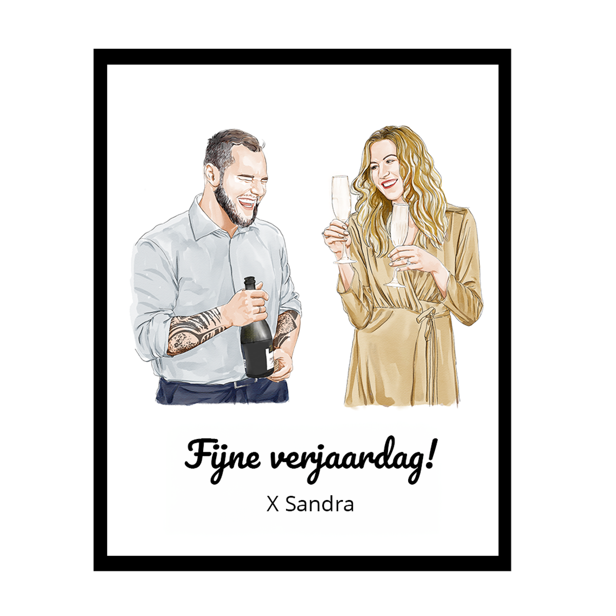 Twee mensen vieren verjaardag met champagneglazen, tekst "Fijne verjaardag!" op de achtergrond.