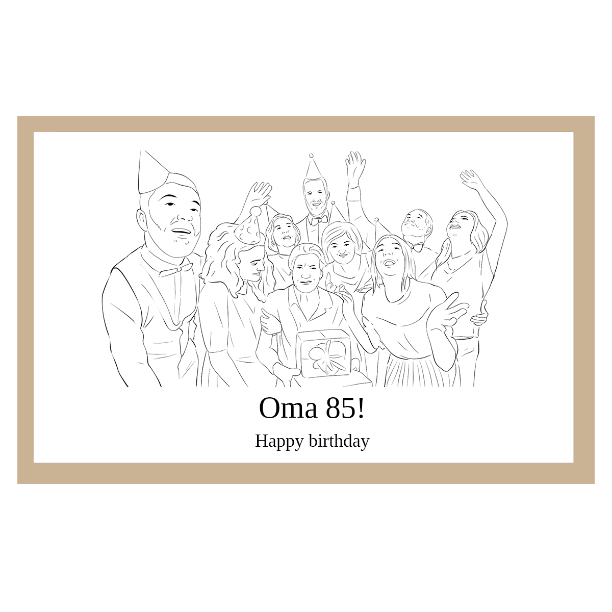 Lijntekening van verjaardagsfeest in houten lijst.