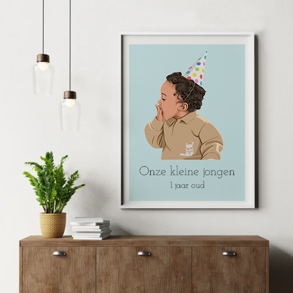 realistische tekening van kind tijdens verjaardag