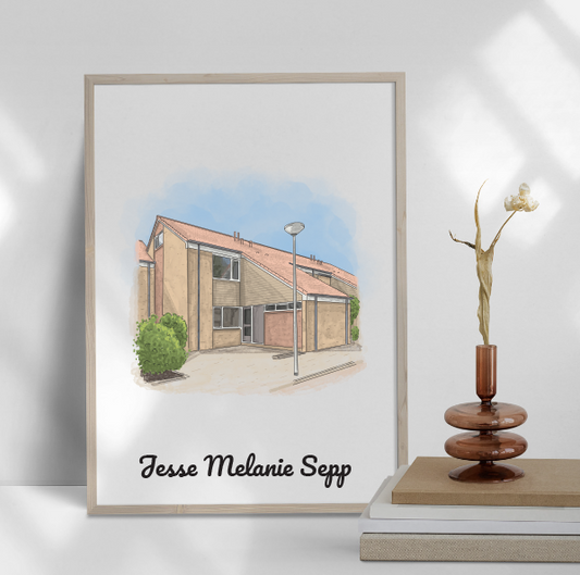 Illustratie van modern huis met rood dak, poster in lijst op tafel met decoratieve vaas.