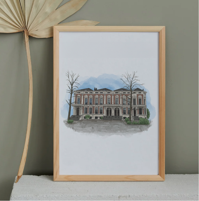 Schilderij met een houten frame, afgebeeld is een historisch gebouw met bomen op de voorgrond.