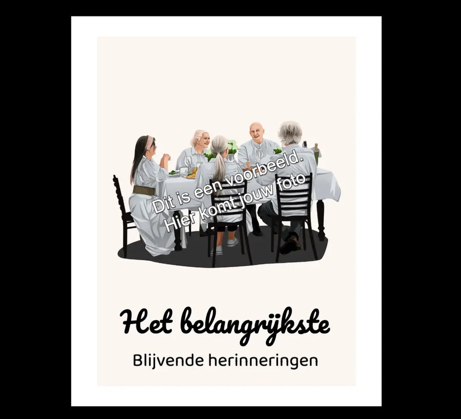 Gezelschap van vijf mensen aan een gedekte tafel, gezellig samen dineren.