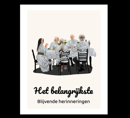 Gezelschap van vijf mensen aan een gedekte tafel, gezellig samen dineren.