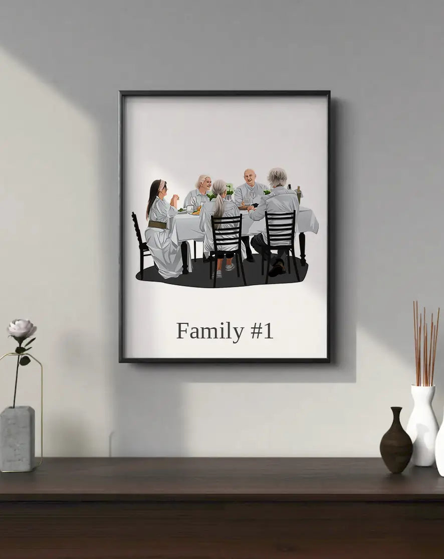 Familie-illustratie aan eettafel, hangend in modern interieur.