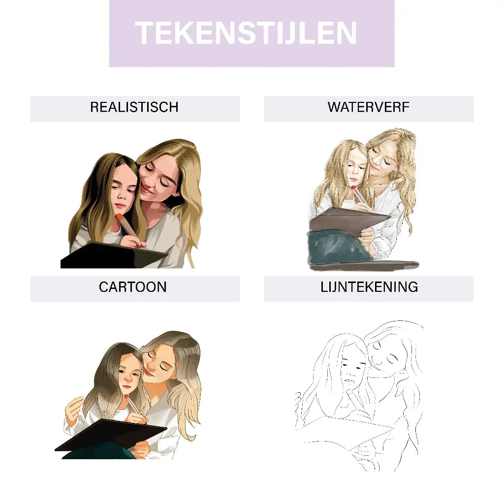 Illustratie van diverse tekenstijlen: realistisch, aquarel, cartoon en lijntekening van twee personen.
