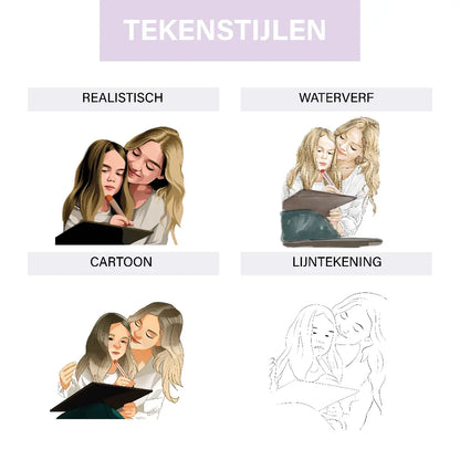 Illustratie van diverse tekenstijlen: realistisch, aquarel, cartoon en lijntekening van twee personen.