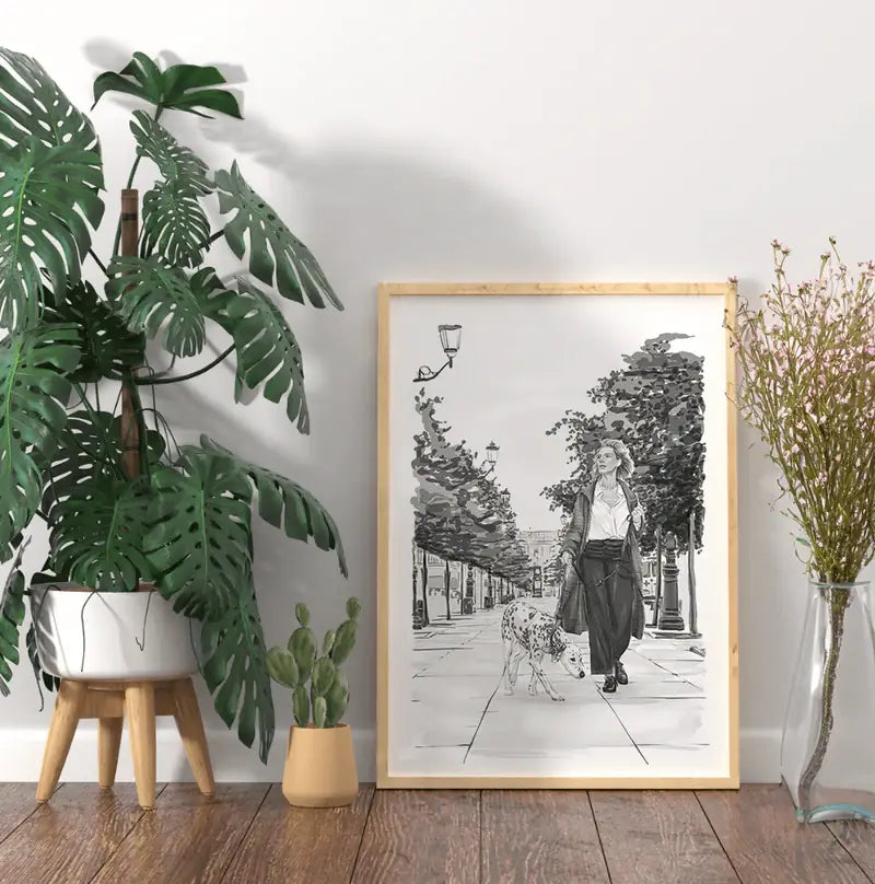 Illustratie van vrouw met hond wandelend in park, omringd door planten en decoratieve lijst.