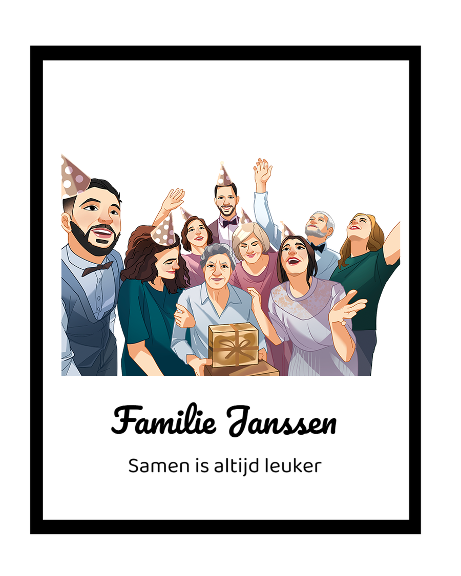 Afbeelding van een feestelijke groep mensen met feesthoedjes, houden een cadeau vast.