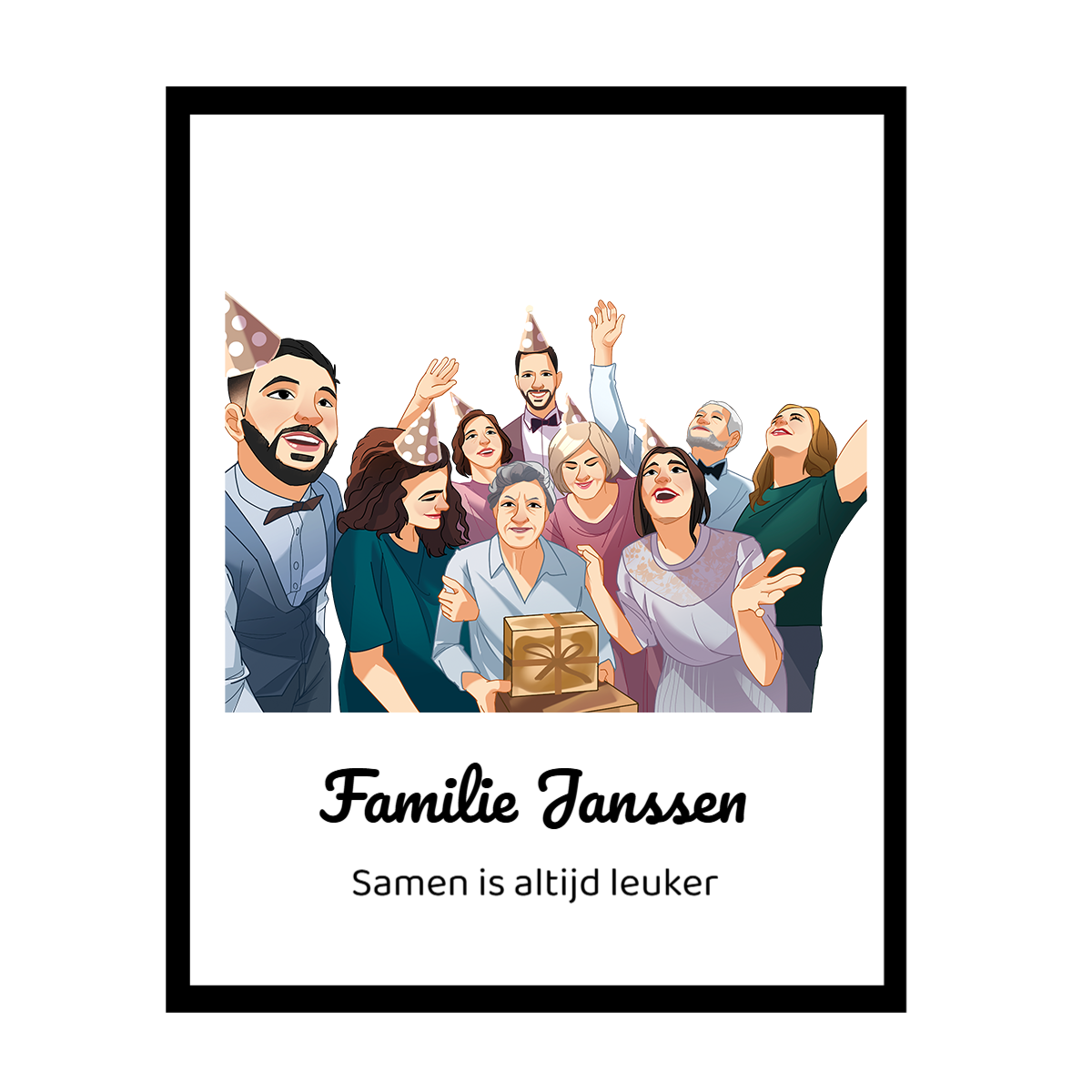 Afbeelding van een feestelijke groep mensen met feesthoedjes, houden een cadeau vast.