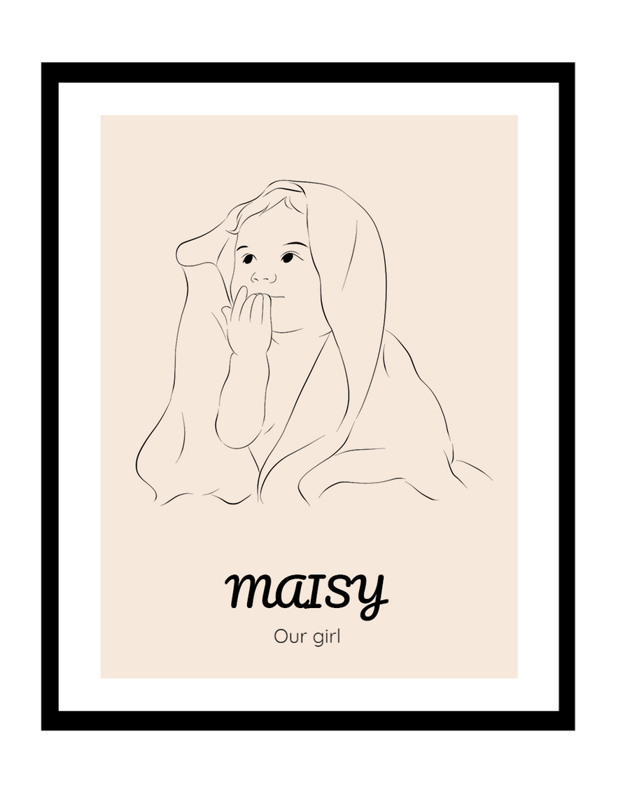 lijntekening van baby in zwarte lijst