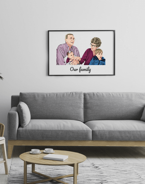 Afbeelding van een gezinsportret in lijst, hangend boven een grijze bank in een moderne woonkamer.