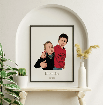 Illustratie van twee kinderen, een in een rode trui, andere in een donkere jas, met tekst "Broertjes for life" eronder.
