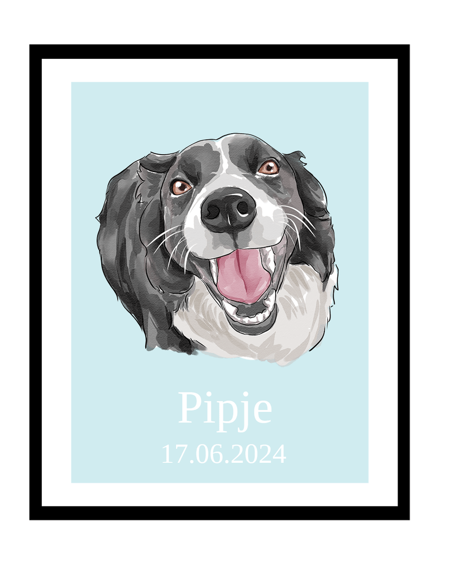 illustratie van een lachende hond met de tekst "Pipje 17.06.2024" op een lichtblauwe achtergrond