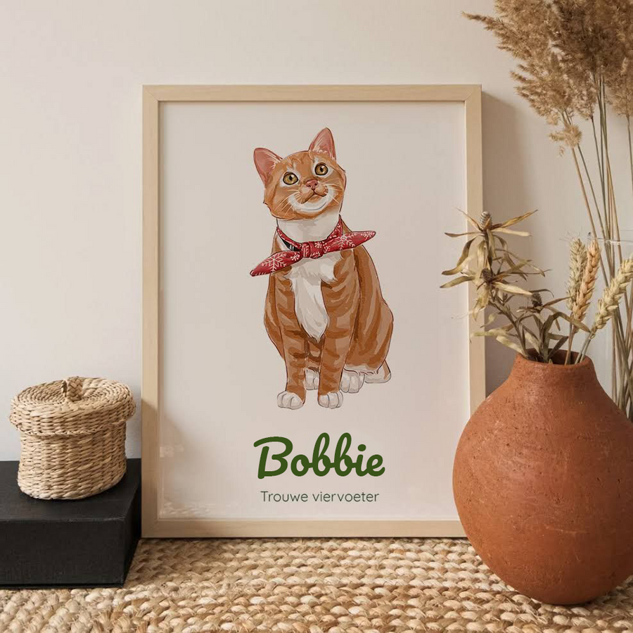 Illustratie van kat met rood sjaaltje in houten lijst, naast decoratieve vazen en mand.