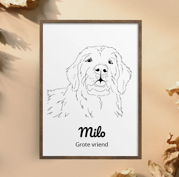 Illustratie van een hond in een houten lijst met de tekst "Milo Grote vriend" op een beige achtergrond.