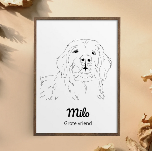 Illustratie van een hond in een houten lijst met de tekst "Milo Grote vriend" op een beige achtergrond.