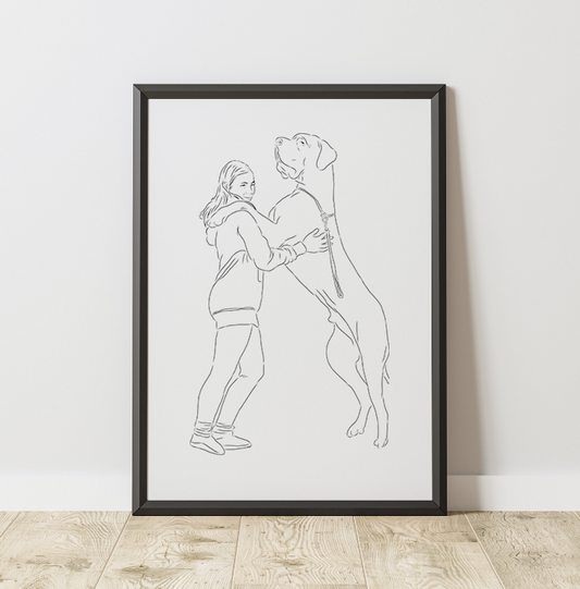 Vrouw omarmt grote hond schets op ingelijste poster, minimalistische kunst aan muur.